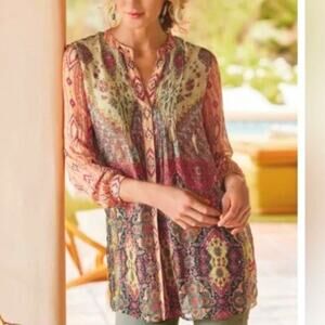 Soft Surroundings Makara Mandarin Collar Sheer Tunic Top Size P/M